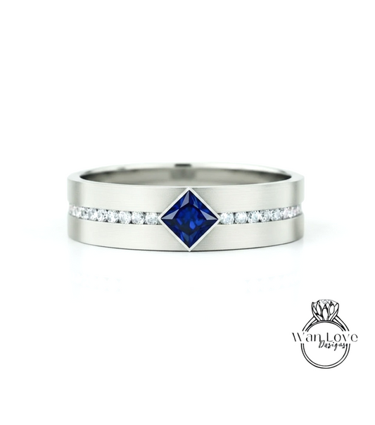 Mens Blue Sapphire Wedding Band, Princess Cut kite Set Diamonds Mens Wedding Band, Solid Gold 10k/14k/18k Wedding Ring, Mens Birthstone Ring