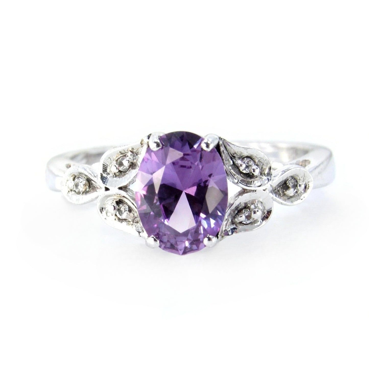 Purple Sapphire Alexandrite Color Oval Leaf Vintage Engagement Ring-2ct-8x6mm-925 Silver Rhodium-Wedding-Anniversary-Ready to Ship Wan Love Designs