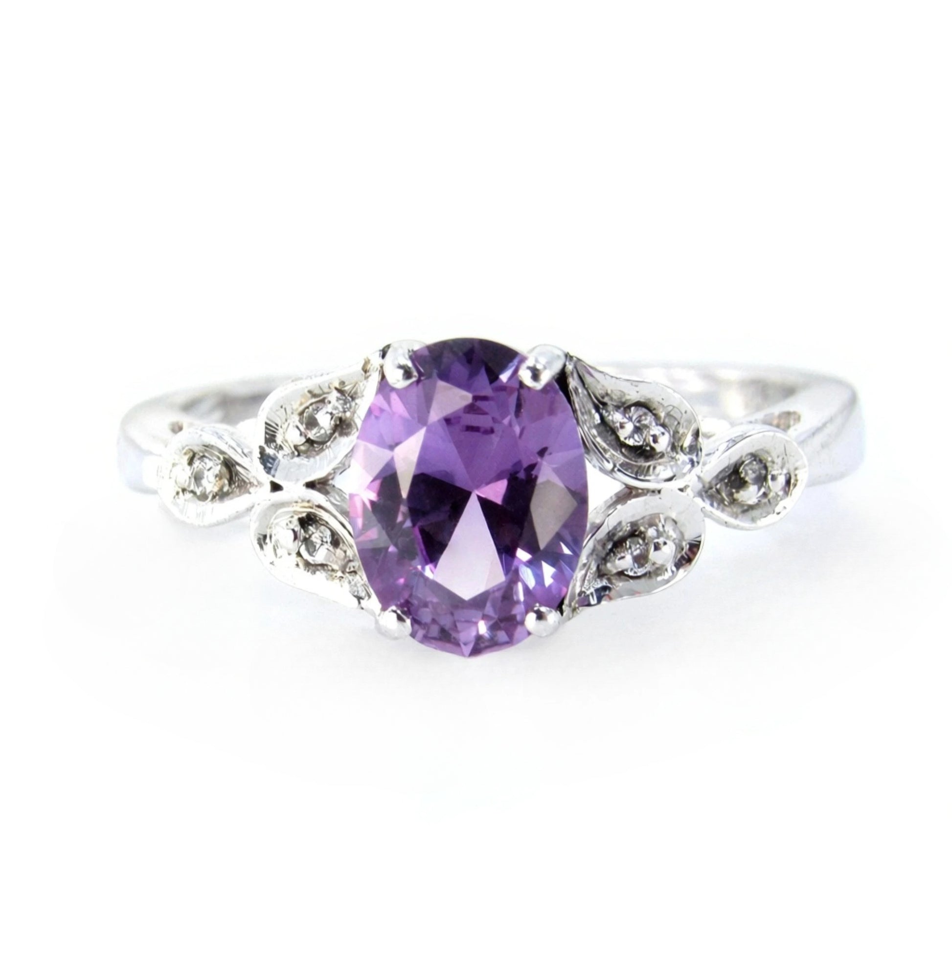 Purple Sapphire Alexandrite Color Oval Leaf Vintage Engagement Ring-2ct-8x6mm-925 Silver Rhodium-Wedding-Anniversary-Ready to Ship Wan Love Designs