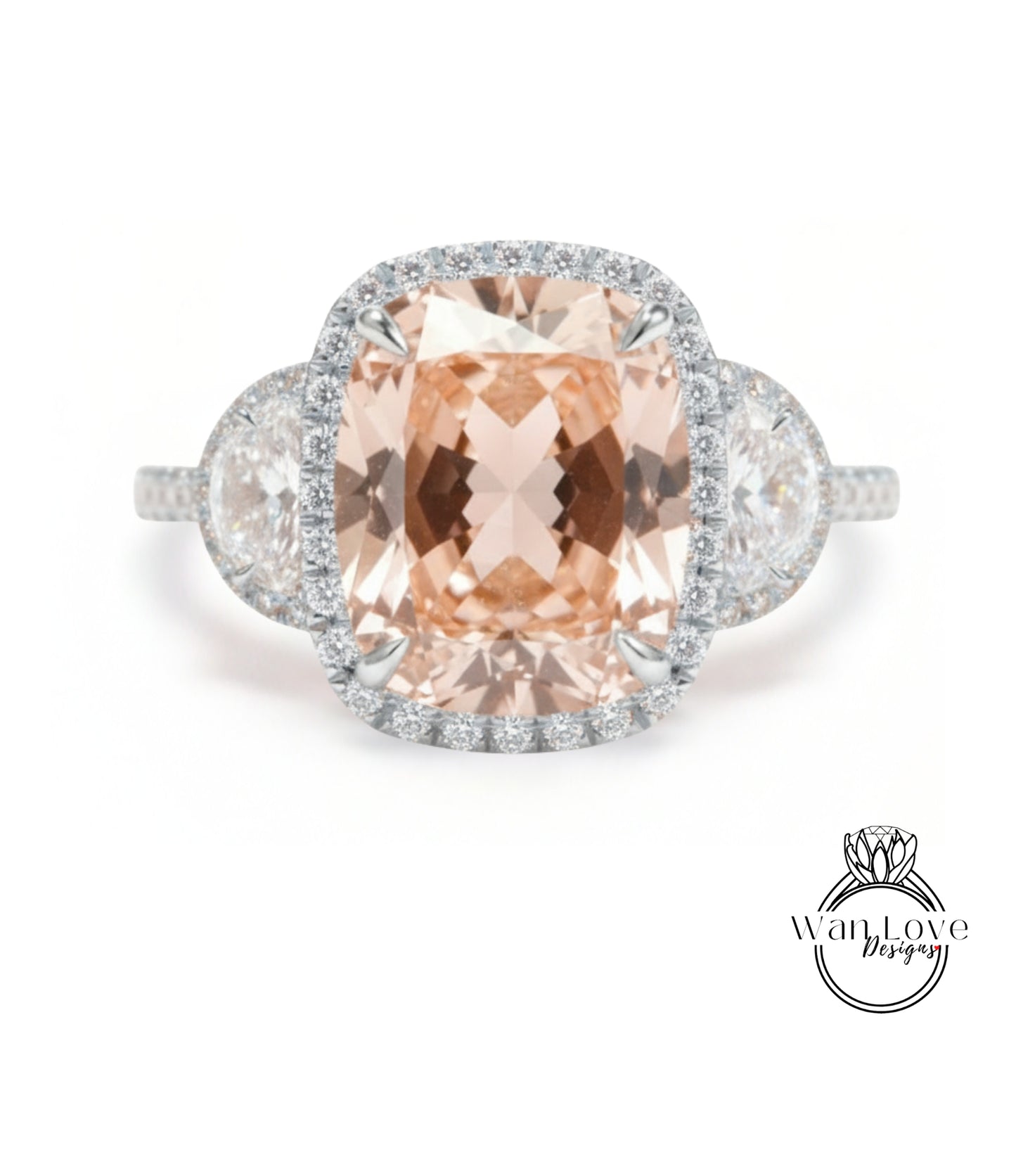 A large, oval-shaped pink gemstone set in a halo of smaller diamonds, surrounded by a halo of smaller diamonds, creating a stunning engagement ring.