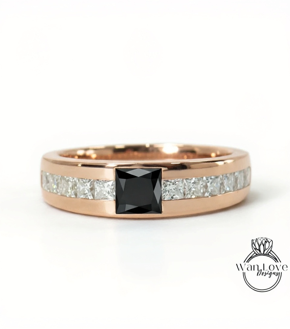 Men's Black Diamond Ring - Black Moissanite Diamond Ring - Mans princess Spinel Wedding Band - Unique Mens Band - 14k Gold Birthstone band