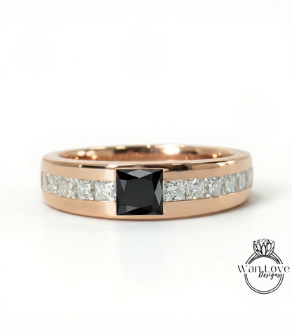 Men's Black Diamond Ring - Black Moissanite Diamond Ring - Mans princess Spinel Wedding Band - Unique Mens Band - 14k Gold Birthstone band