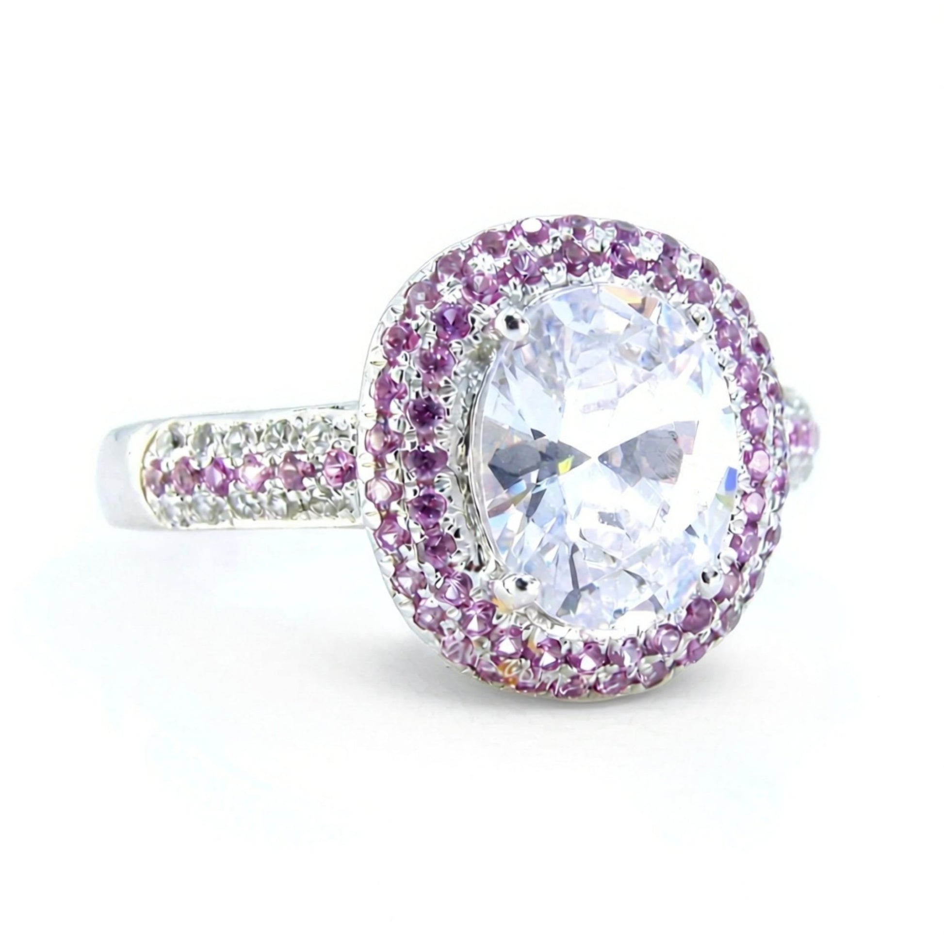 Lab Diamond White & Pink Sapphire Pave 2 Double Halo 3 Row Band Engagement Ring 3ct Oval pave white pink sapphire Anniversary Gift-Ready Wan Love Designs