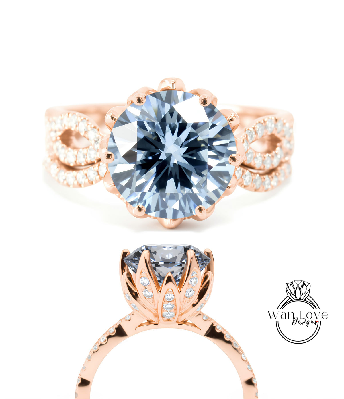 a beautiful blue diamond ring with a large central diamond surrounded by smaller diamonds on either side. The ring is set in a rose gold band with a delicate floral design.