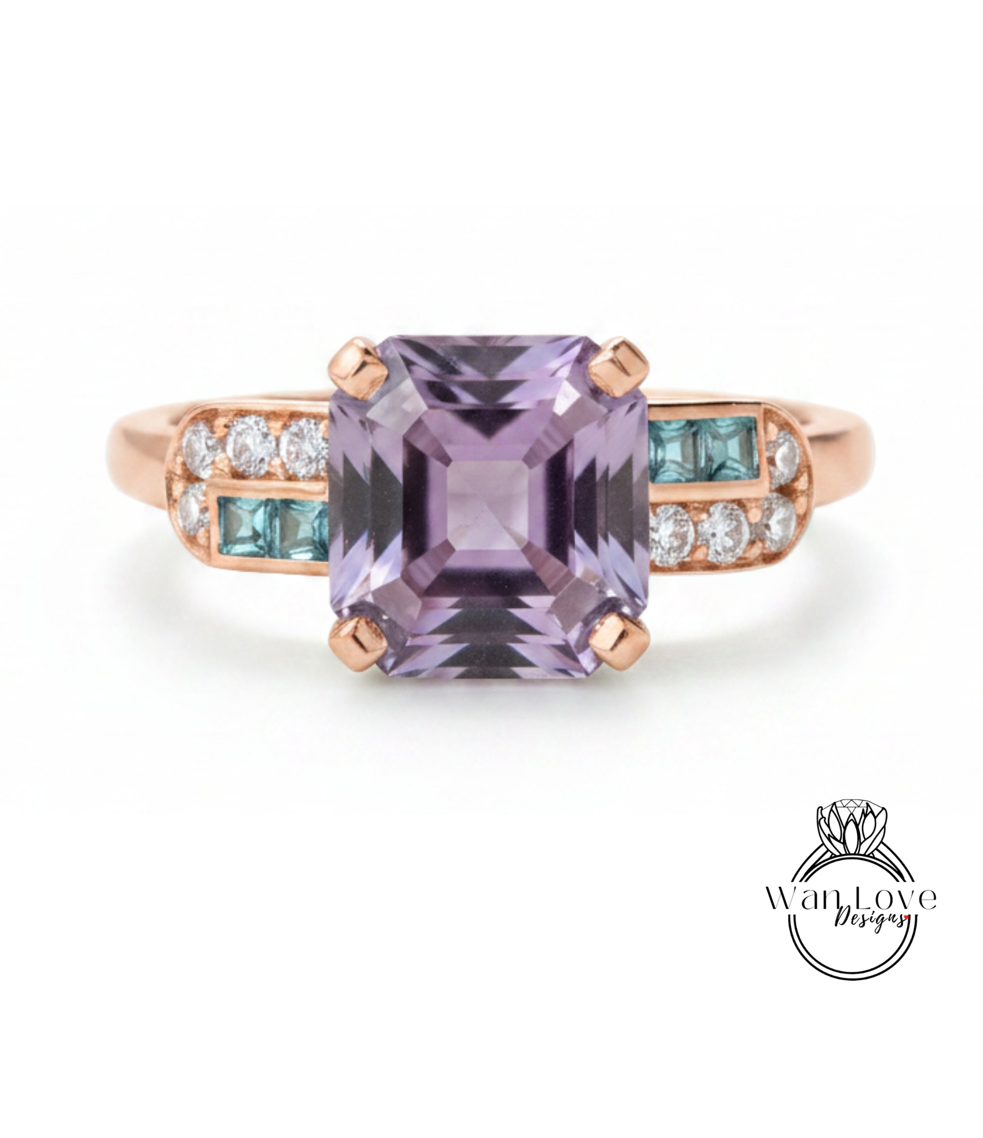 a ring with a large purple gemstone, surrounded by smaller blue gemstones.