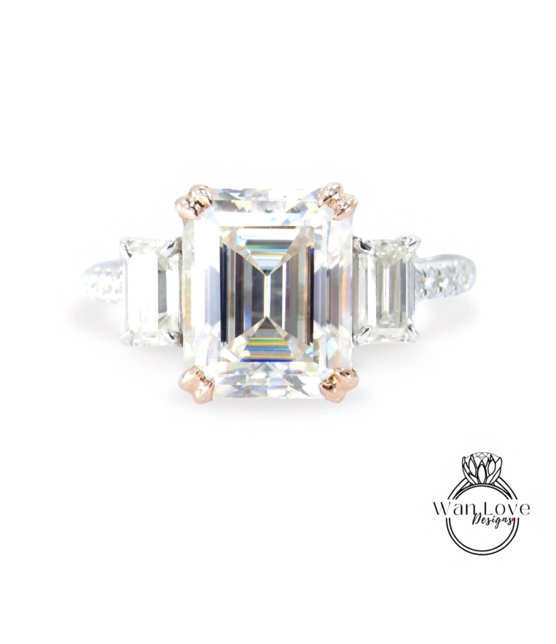 4 Carat Emerald Baguette ring three stone baguette Engagement Ring 4ct art deco 3 gemstone two tone white rose gold ring wedding anniversary