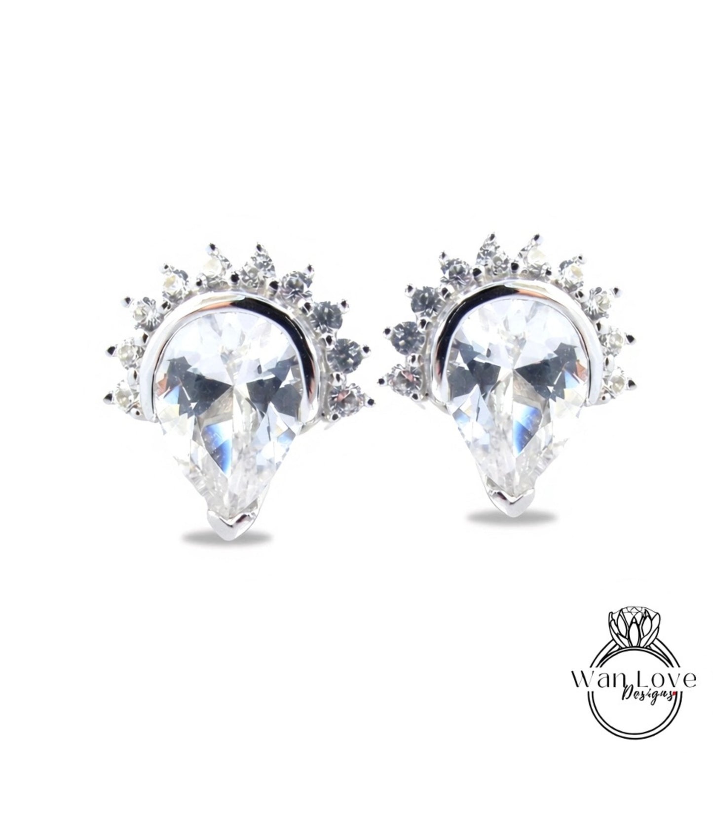 White Sapphire Semi Bezel Pear Crown Half Halo Stud Earrings vintage wedding jewelry white gold art deco earrings pear stud anniversary gift