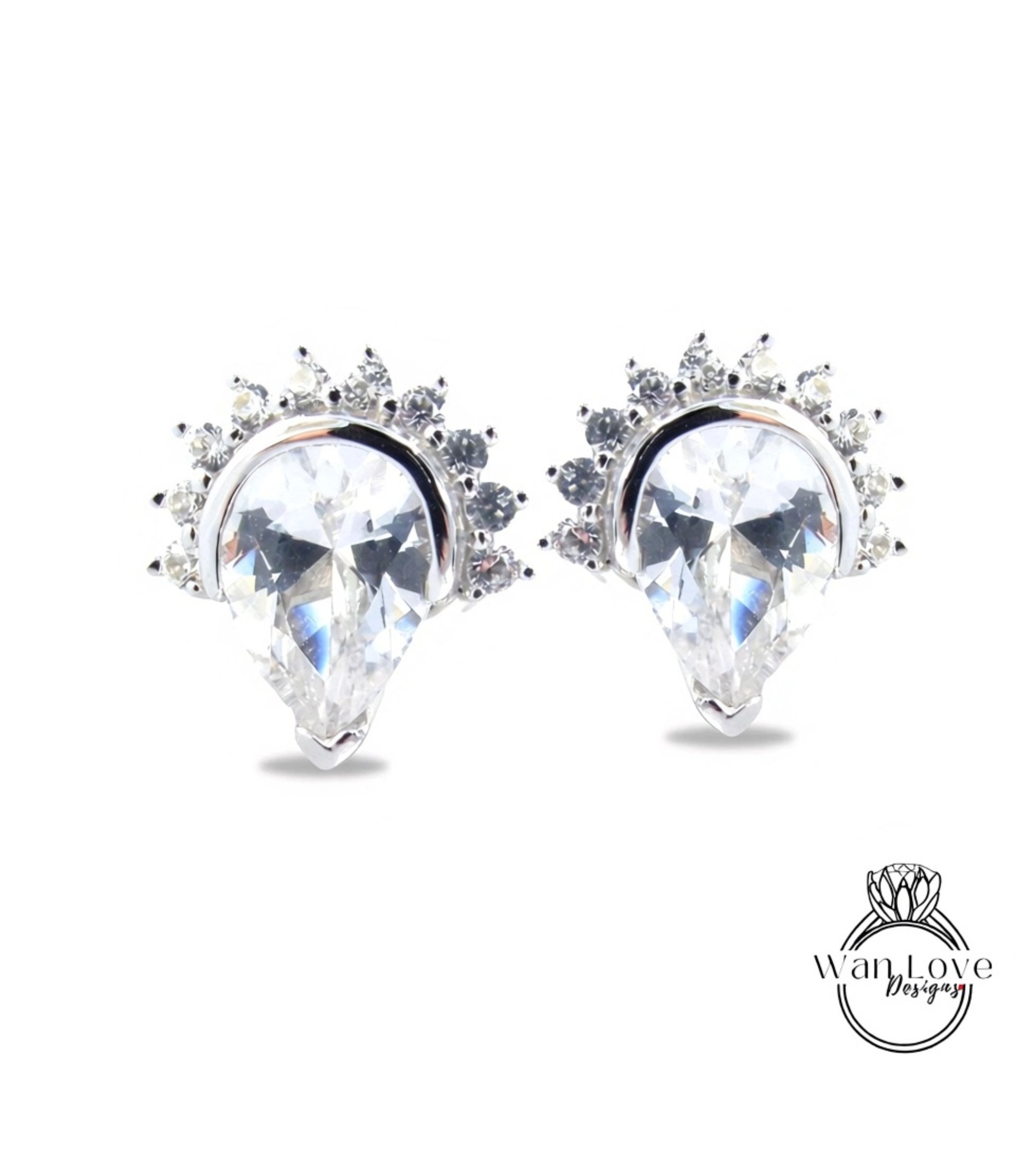 White Sapphire Semi Bezel Pear Crown Half Halo Stud Earrings vintage wedding jewelry white gold art deco earrings pear stud anniversary gift