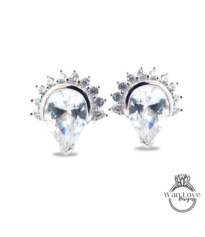 White Sapphire Semi Bezel Pear Crown Half Halo Stud Earrings vintage wedding jewelry white gold art deco earrings pear stud anniversary gift