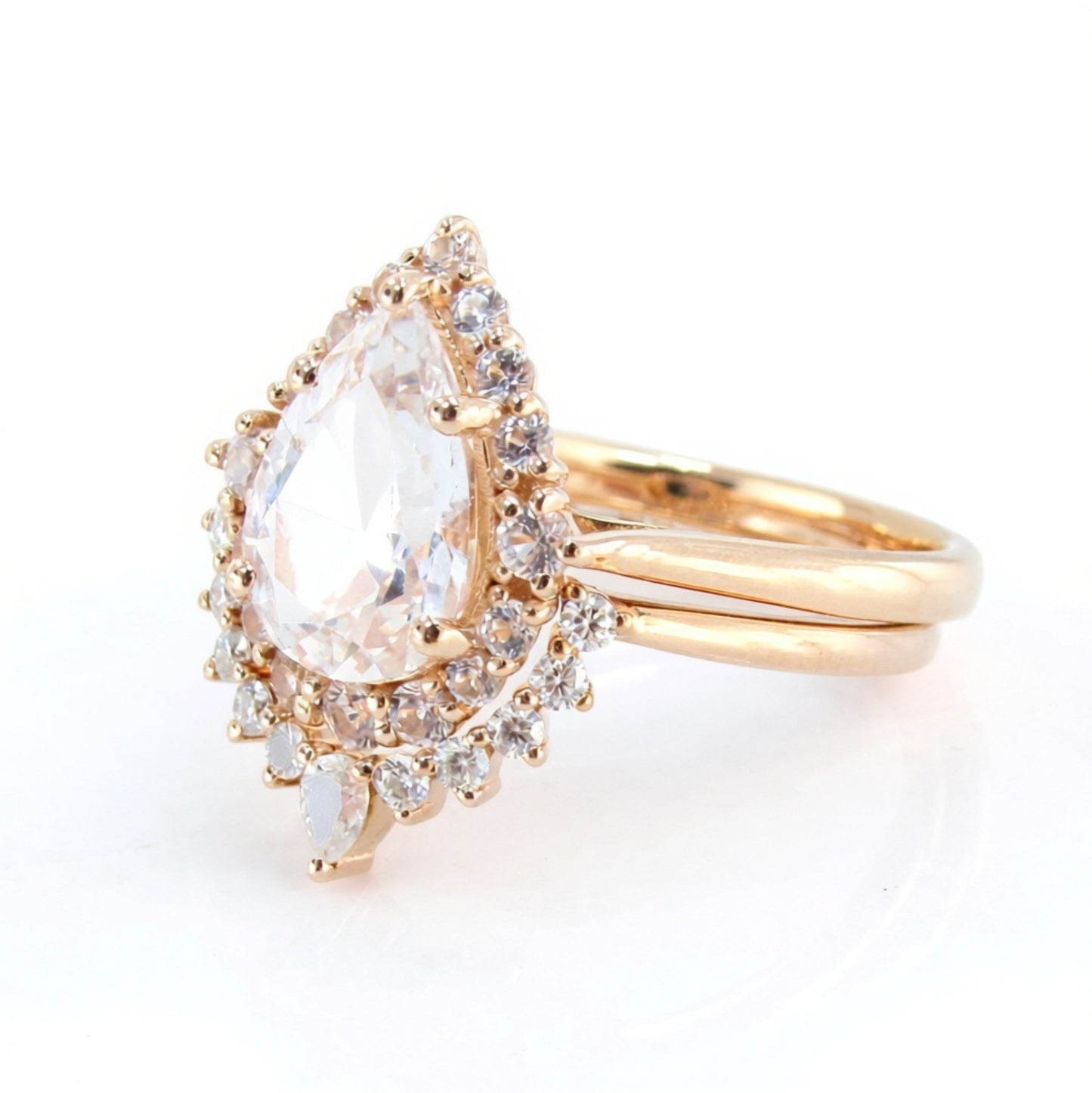 White Sapphire Pear Graduated Halo Engagement Ring Art deco Wedding Band Set 2ct vintage Rose gold pear halo bridal promise aniversary ring