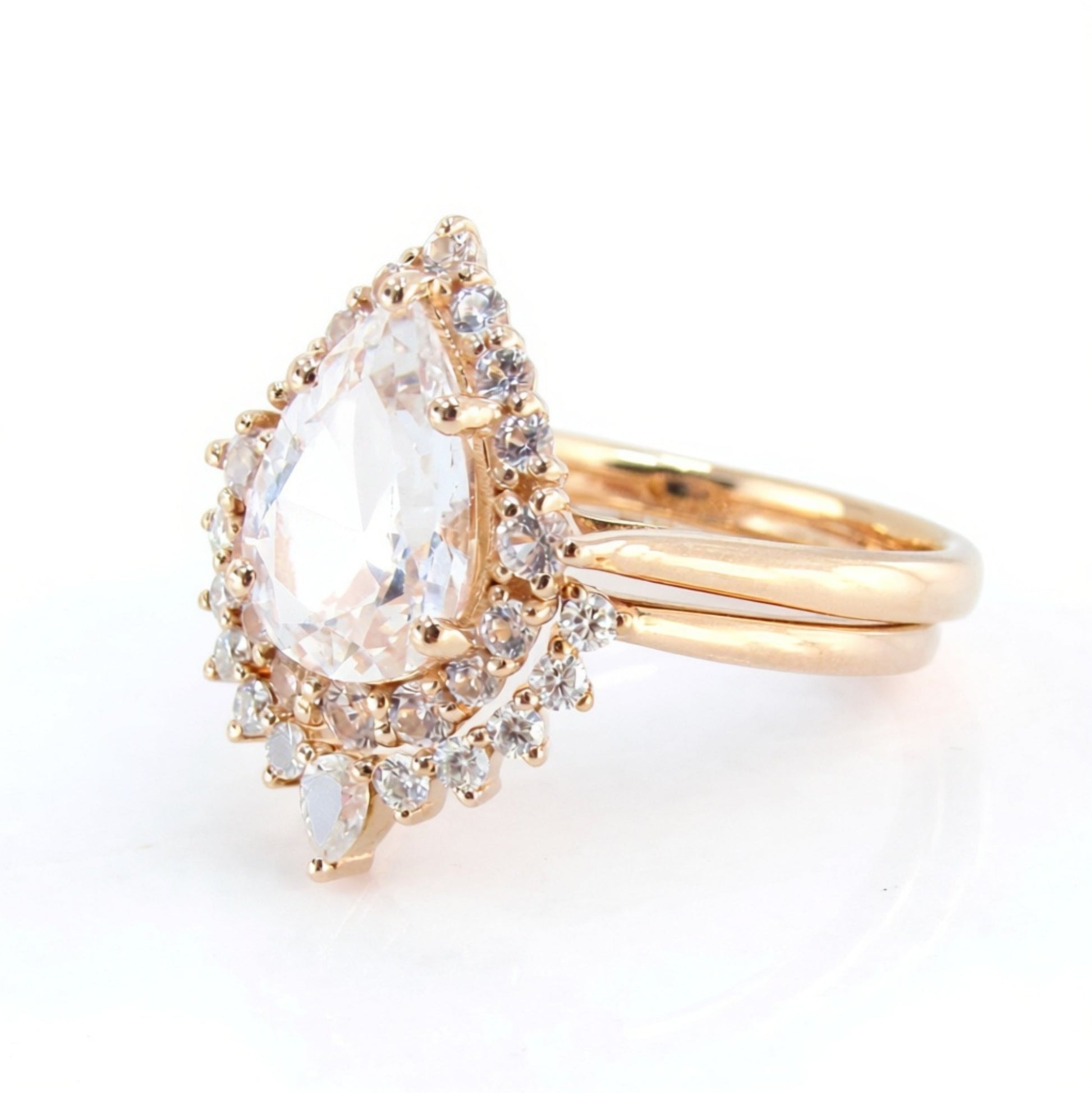 White Sapphire Pear Graduated Halo Engagement Ring Art deco Wedding Band Set 2ct vintage Rose gold pear halo bridal promise aniversary ring