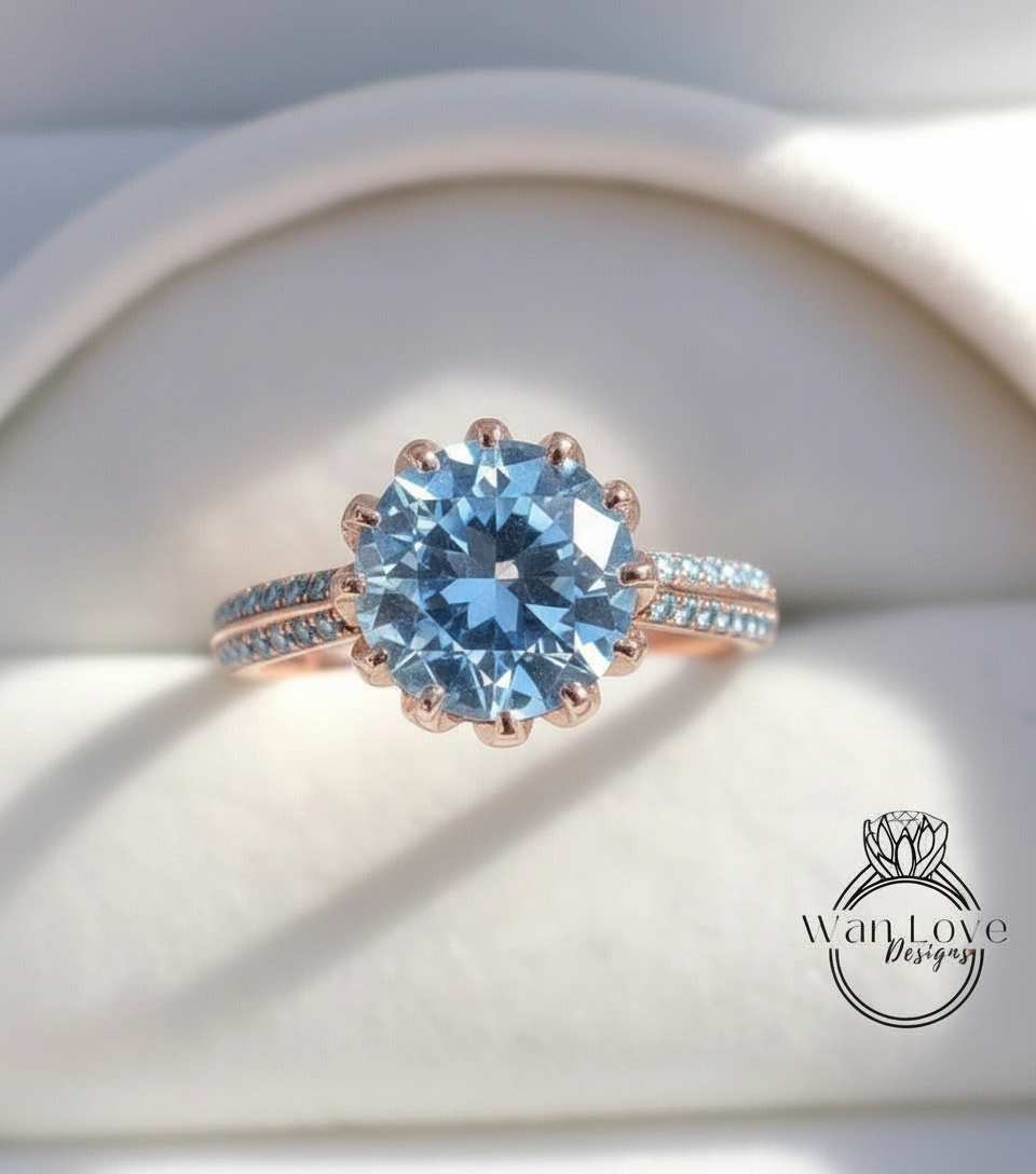 Anello di fidanzamento con fiore di loto con spinello blu acquamarina, 3 ct, 9 mm, anniversario di matrimonio personalizzato, 14k, 18k, bianco, giallo, oro rosa, platino, taglio rotondo