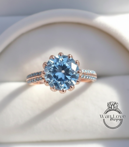 Anello di fidanzamento con fiore di loto con spinello blu acquamarina, 3 ct, 9 mm, anniversario di matrimonio personalizzato, 14k, 18k, bianco, giallo, oro rosa, platino, taglio rotondo