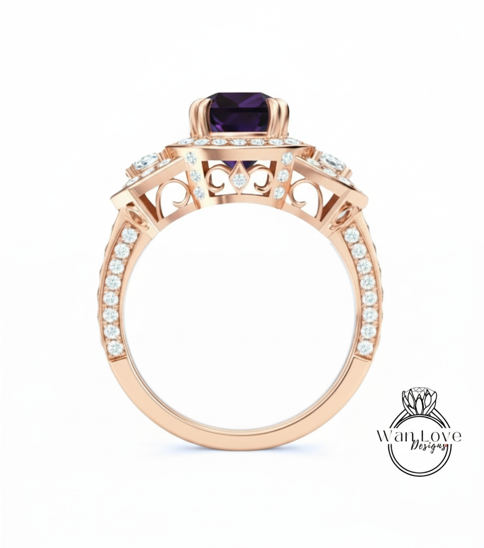A rose gold ring with a large purple gemstone, surrounded by smaller diamonds and intricate designs.