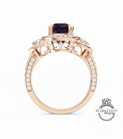 A rose gold ring with a large purple gemstone, surrounded by smaller diamonds and intricate designs.