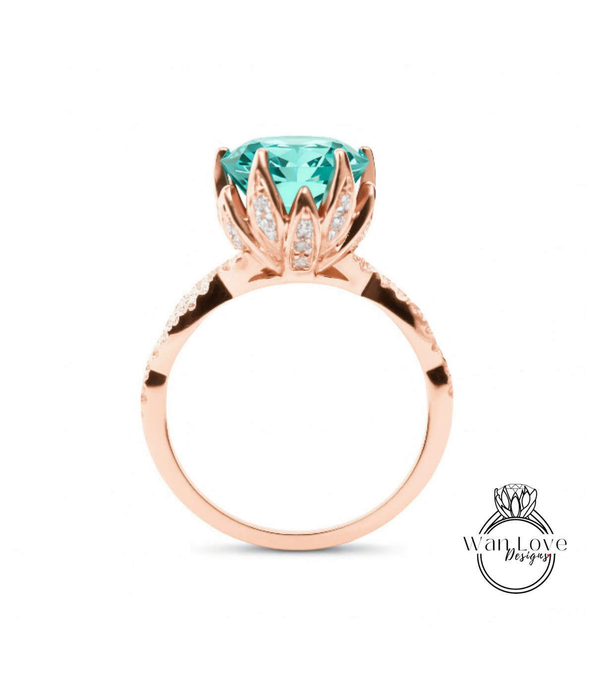 A rose gold ring with a large turquoise gemstone set in the center, surrounded by smaller diamonds.