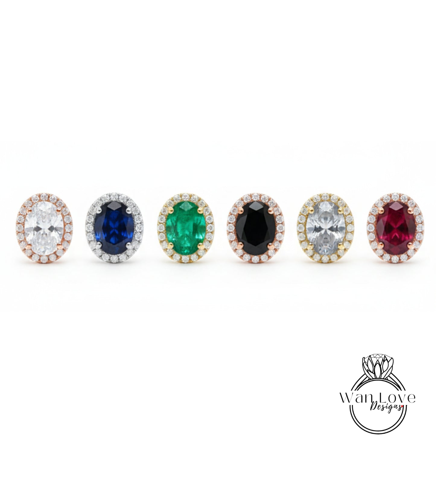 A row of six oval-shaped earrings with gemstones, each with a unique color and size, arranged in a row against a white background.