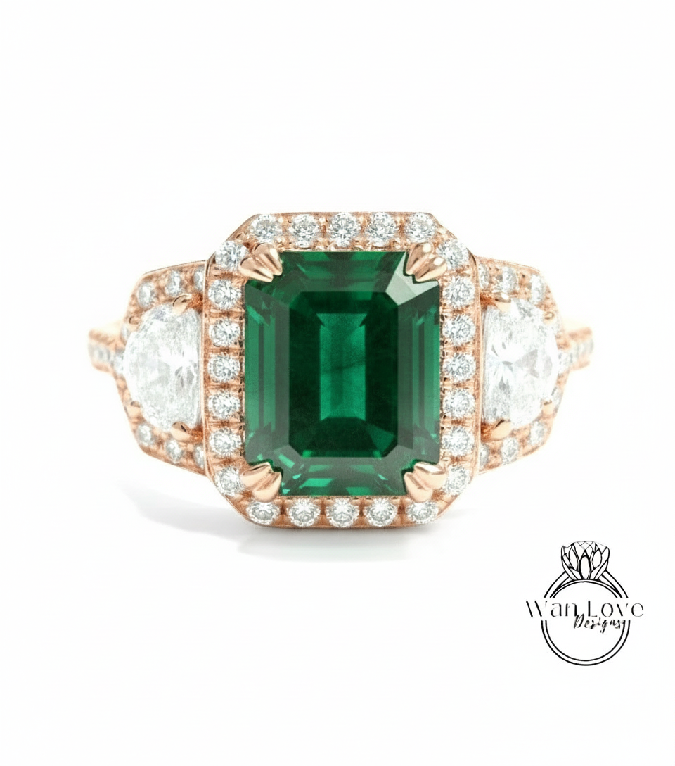 A stunning engagement ring with a large, vibrant green gemstone surrounded by a halo of smaller diamonds set in a rose gold band.