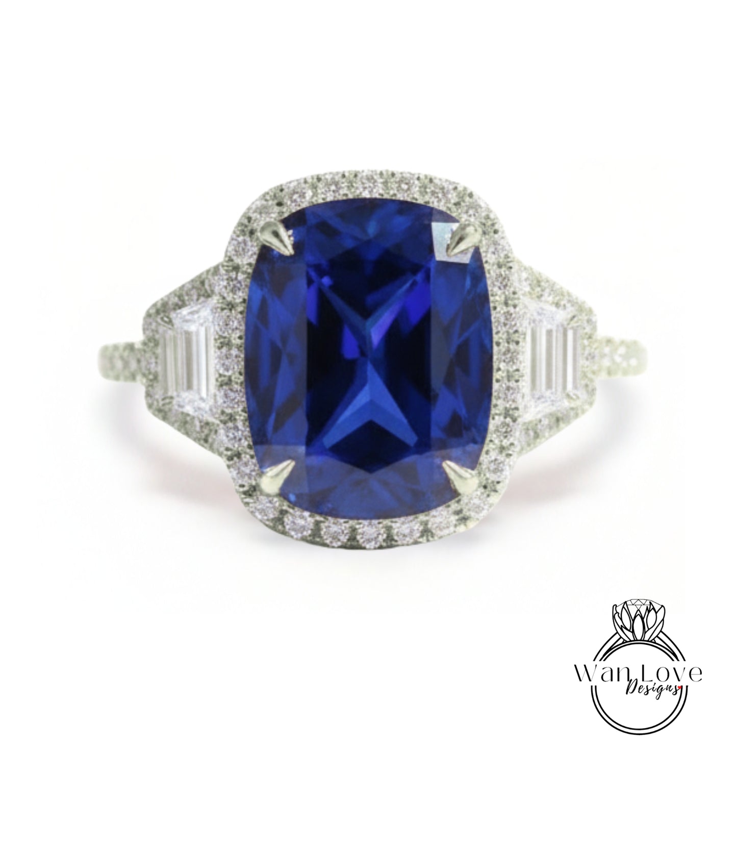 A stunning diamond engagement ring with a large, deep blue gemstone set in a halo of smaller diamonds.