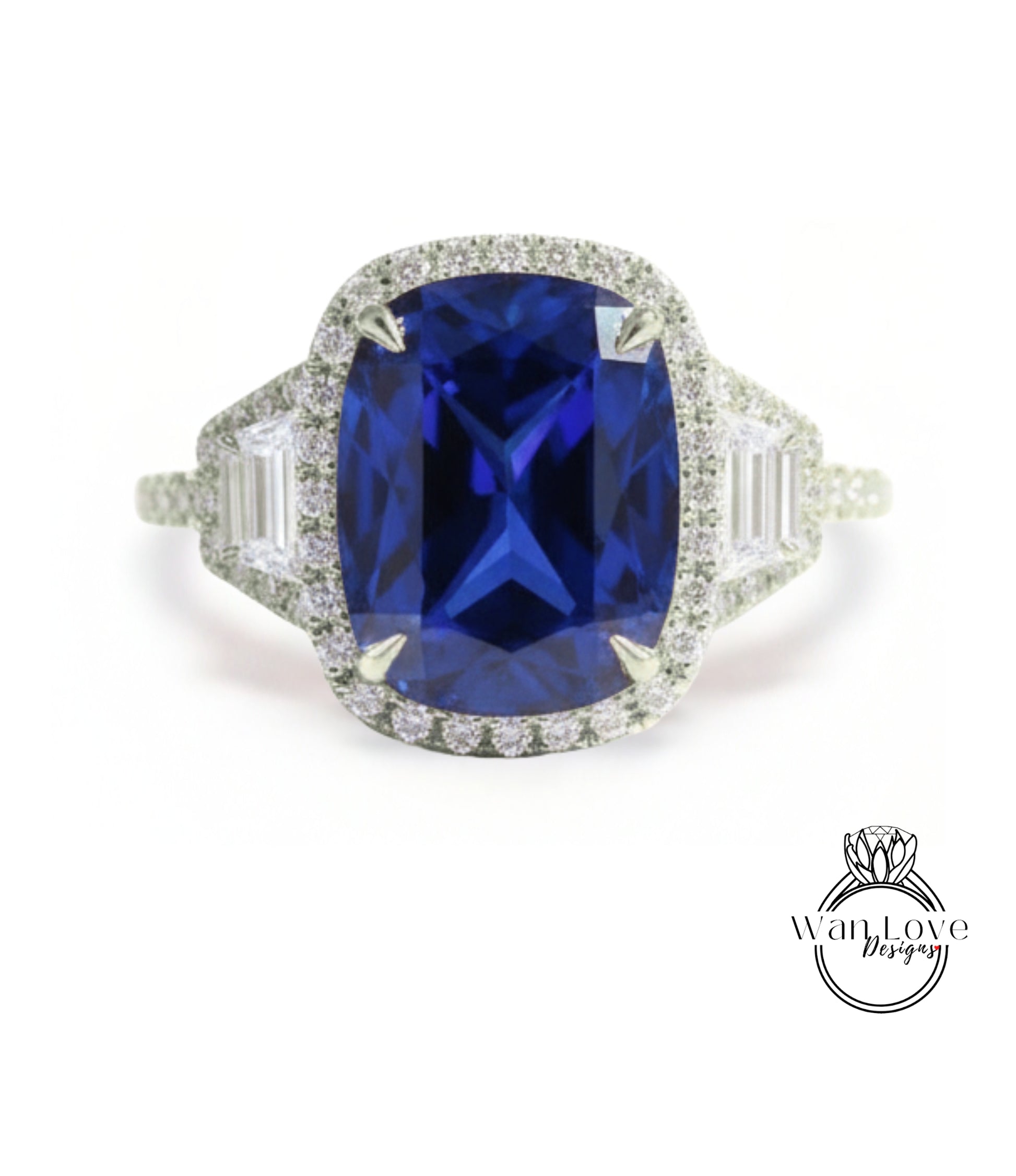 A stunning diamond engagement ring with a large, deep blue gemstone set in a halo of smaller diamonds.