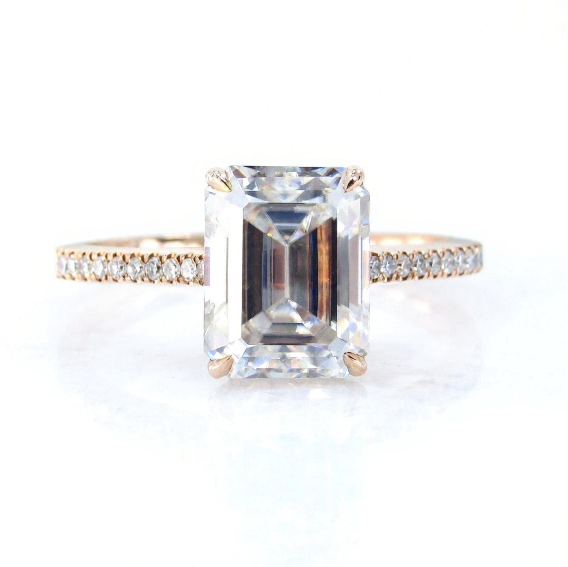 3CT Emerald Cut Moissanite Diamonds Ring, Hidden Halo Ring, Half Eternity Ring, Solid Rose Gold Engagement Ring, Anniversary Ring For Fiancé Wan Love Designs