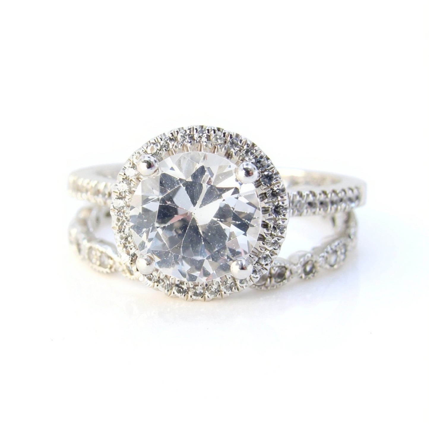 White Sapphire Round Halo Engagement Ring Set, Milgrain Leaf Band, 2ct 8mm, Silver Rhodium-Wedding-Anniversary Gift-Ready to ship