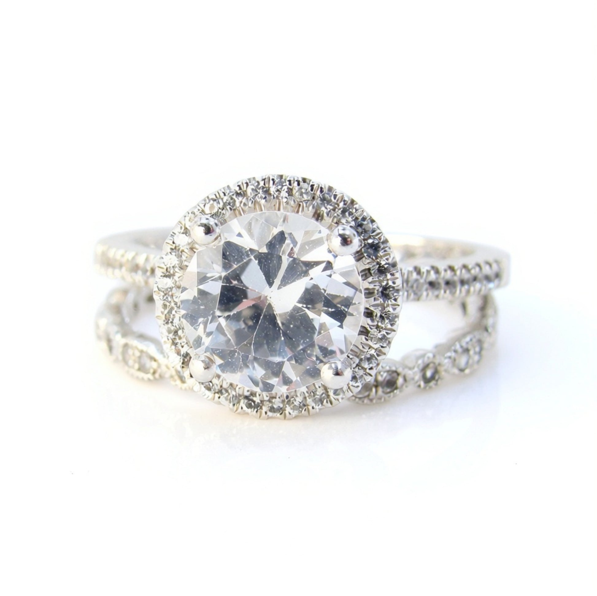 White Sapphire Round Halo Engagement Ring Set, Milgrain Leaf Band, 2ct 8mm, Silver Rhodium-Wedding-Anniversary Gift-Ready to ship