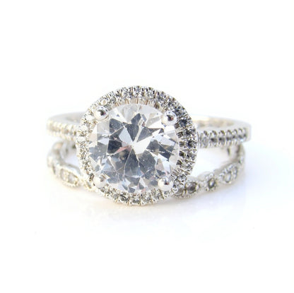 White Sapphire Round Halo Engagement Ring Set, Milgrain Leaf Band, 2ct 8mm, Silver Rhodium-Wedding-Anniversary Gift-Ready to ship