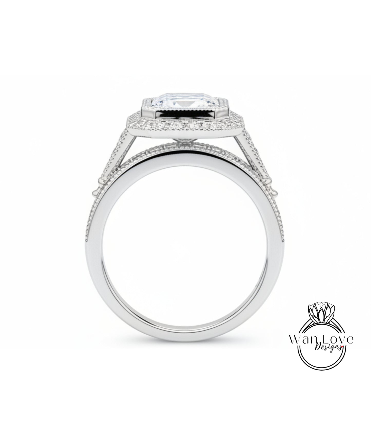 A silver engagement ring with a large diamond center stone.