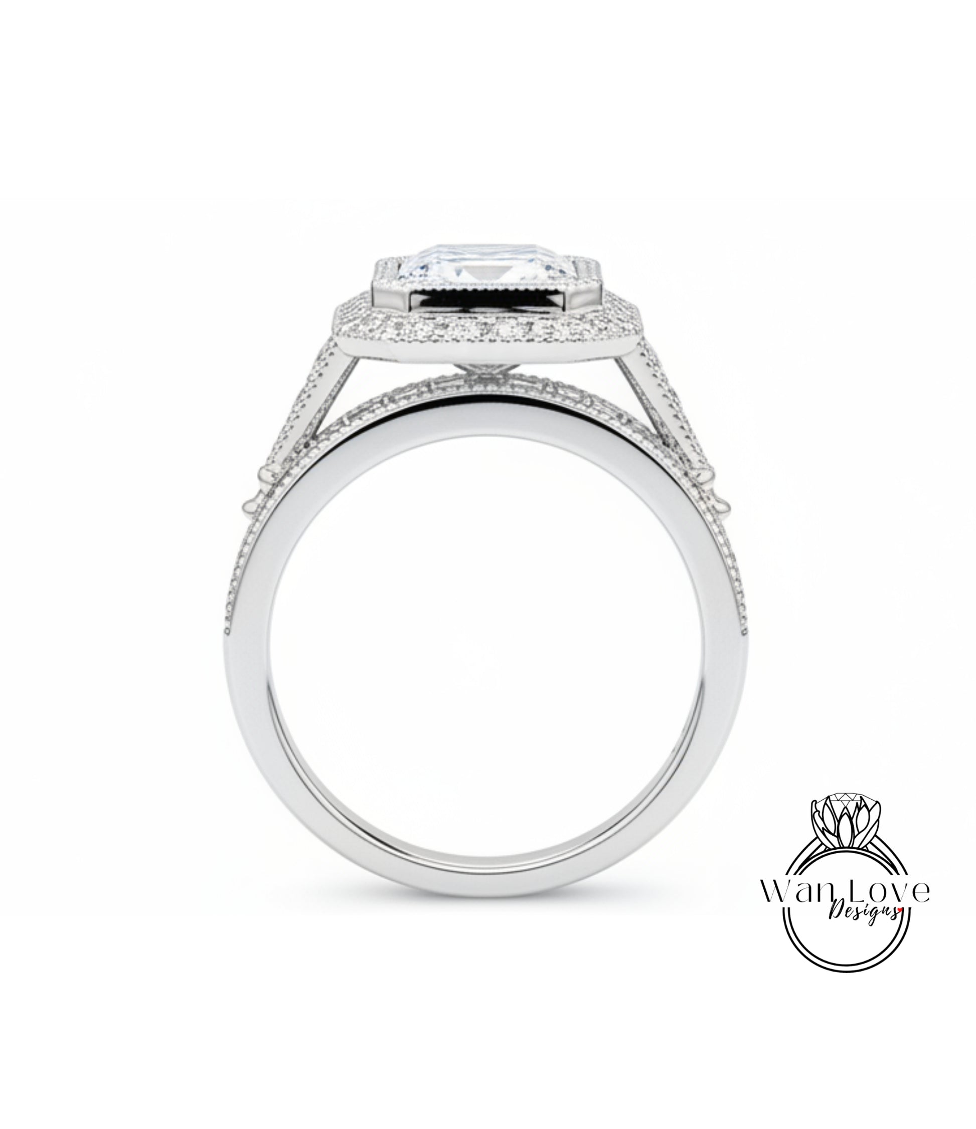 A silver engagement ring with a large diamond center stone.
