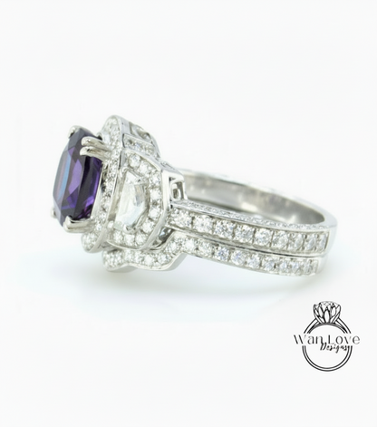 A close-up view of a silver ring with a large purple gemstone, showcasing the intricate design and sparkling diamonds.