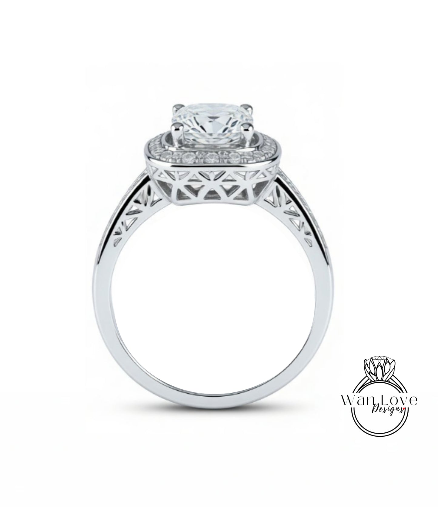 A silver engagement ring with a large central diamond surrounded by smaller diamonds, set in an intricate metal band.
