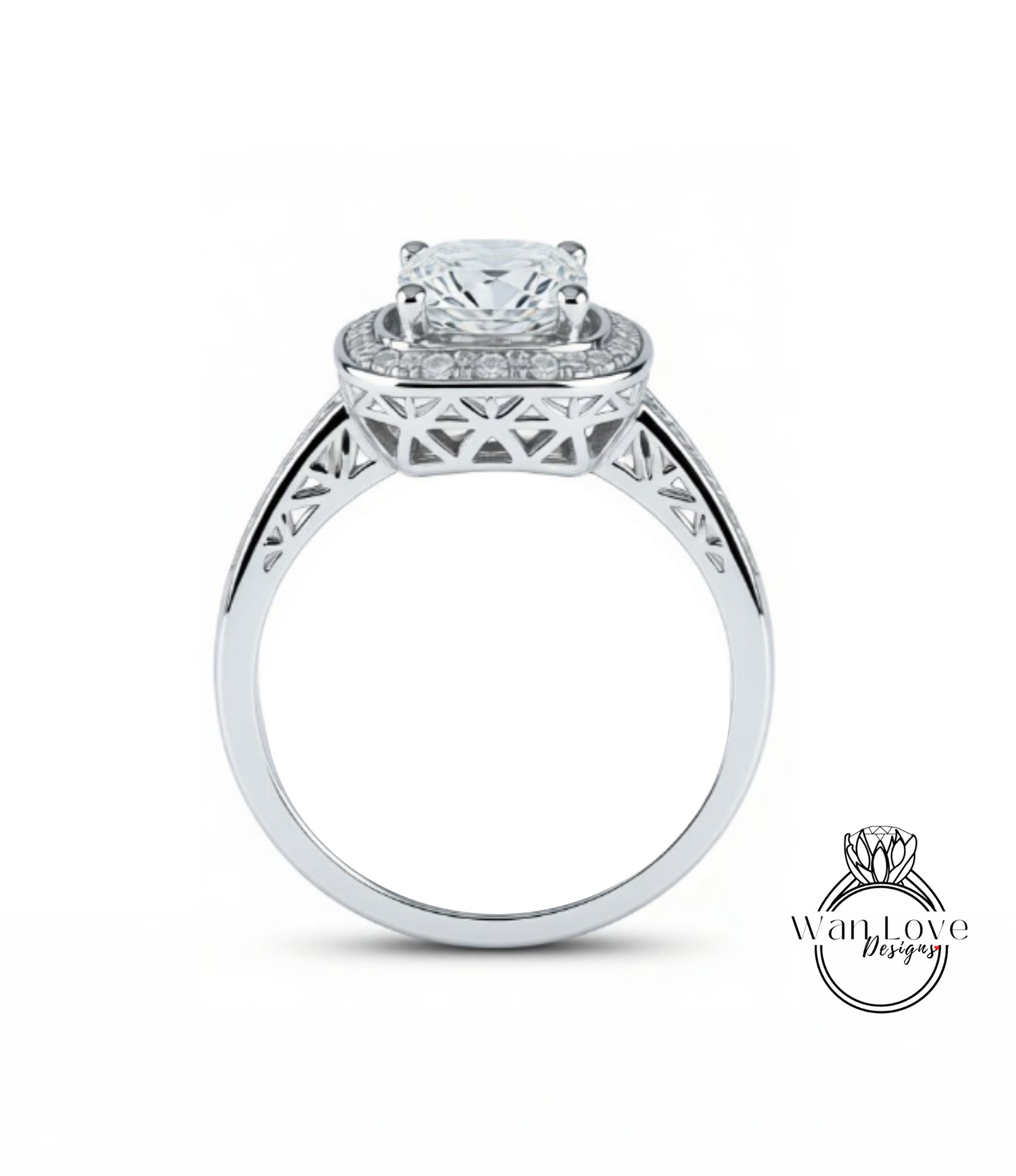 A silver engagement ring with a large central diamond surrounded by smaller diamonds, set in an intricate metal band.