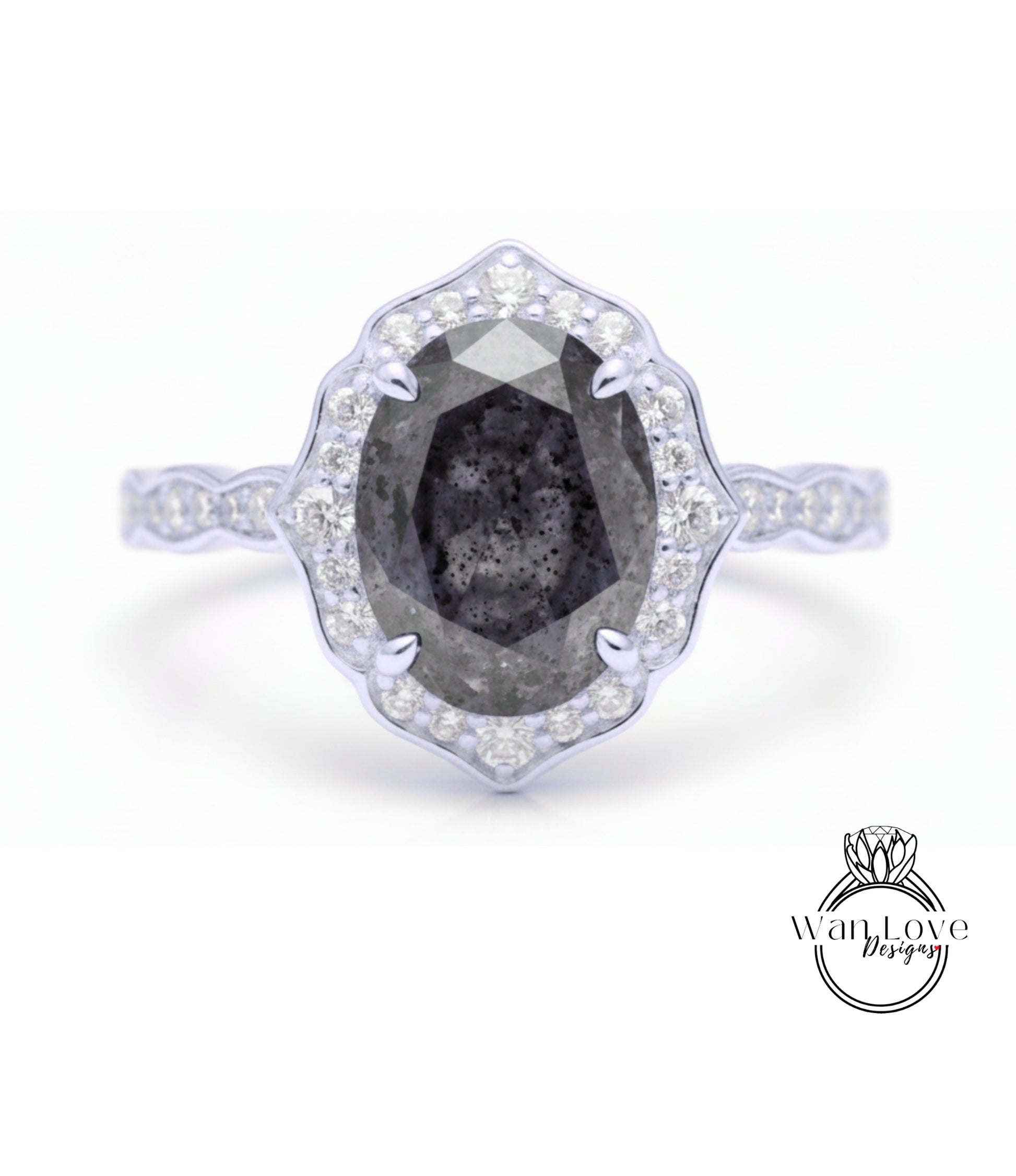 A silver ring with a large oval-shaped diamond at the center, surrounded by smaller diamonds.