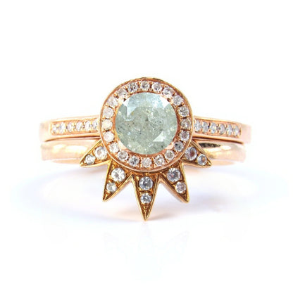Ready to ship Round Cut Salt & Pepper Diamond ring | Rose gold round cut diamond engagement Ring |Vintage star band| Art deco Halo ring set