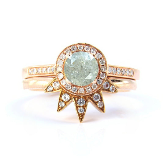Ready to ship Round Cut Salt & Pepper Diamond ring | Rose gold round cut diamond engagement Ring |Vintage star band| Art deco Halo ring set