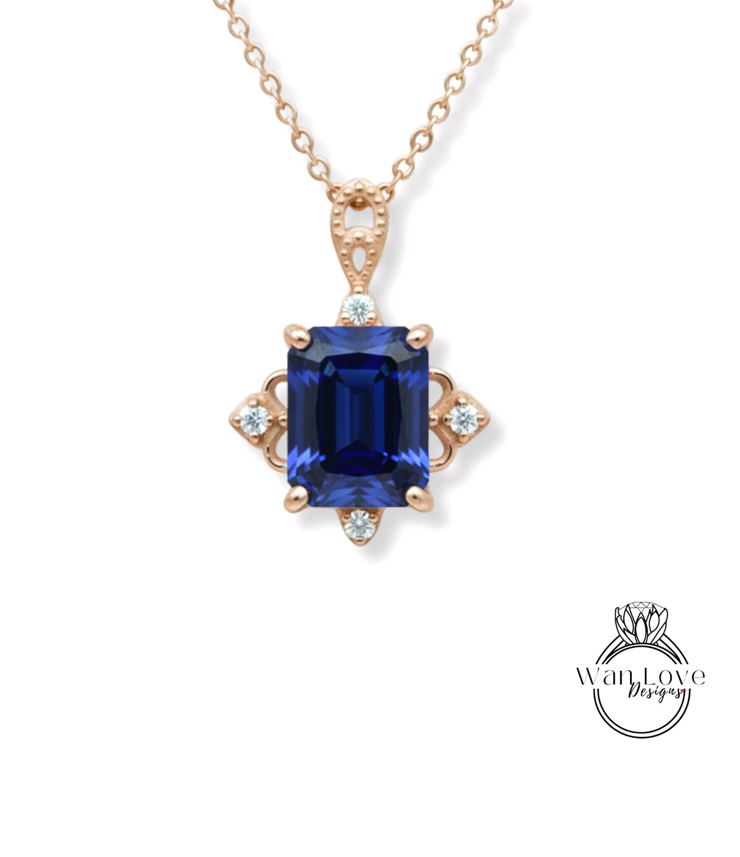 A close-up of a gold necklace with a large blue gemstone pendant, surrounded by smaller diamonds.