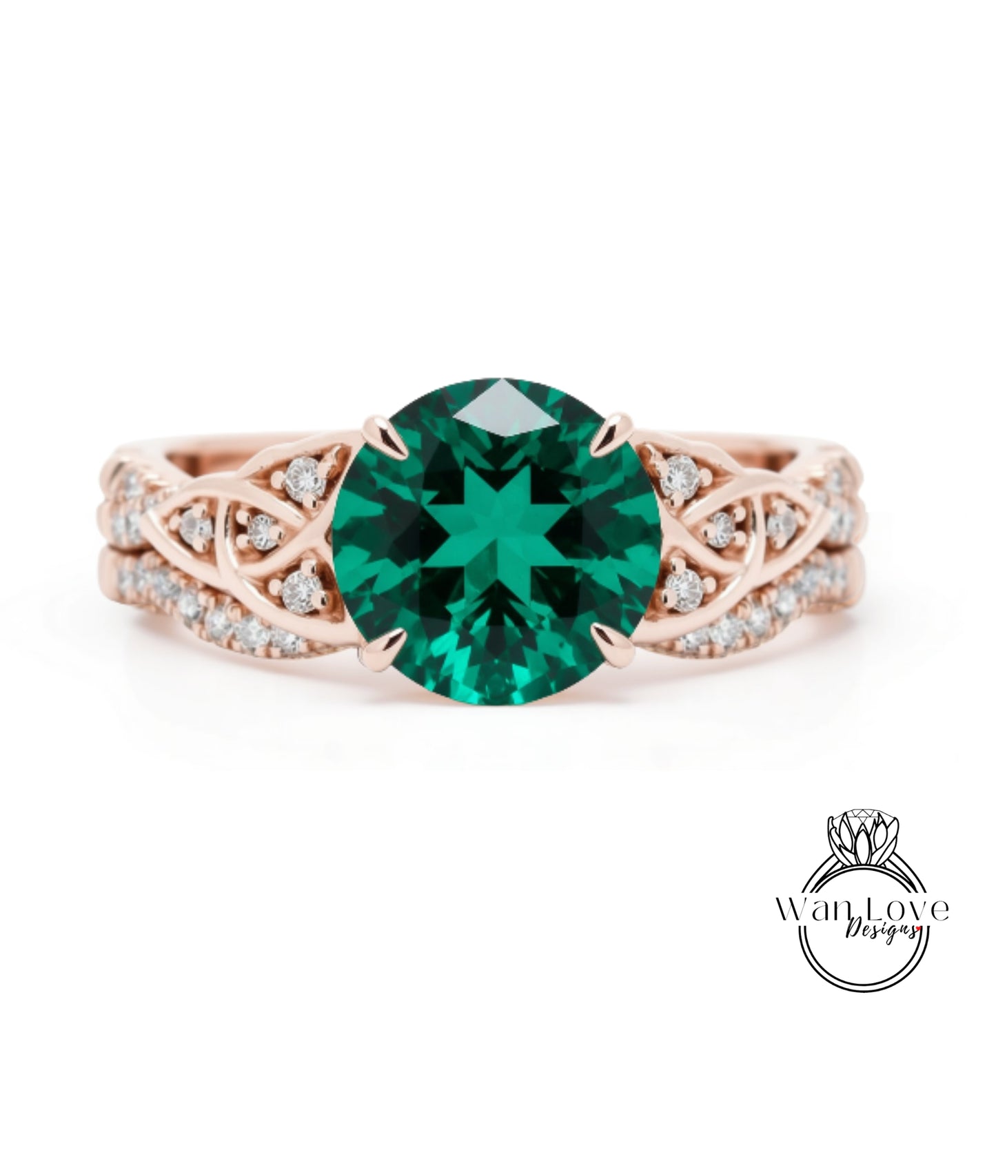 a beautiful engagement ring with a large, round green gemstone set in a rose gold band adorned with small diamonds.