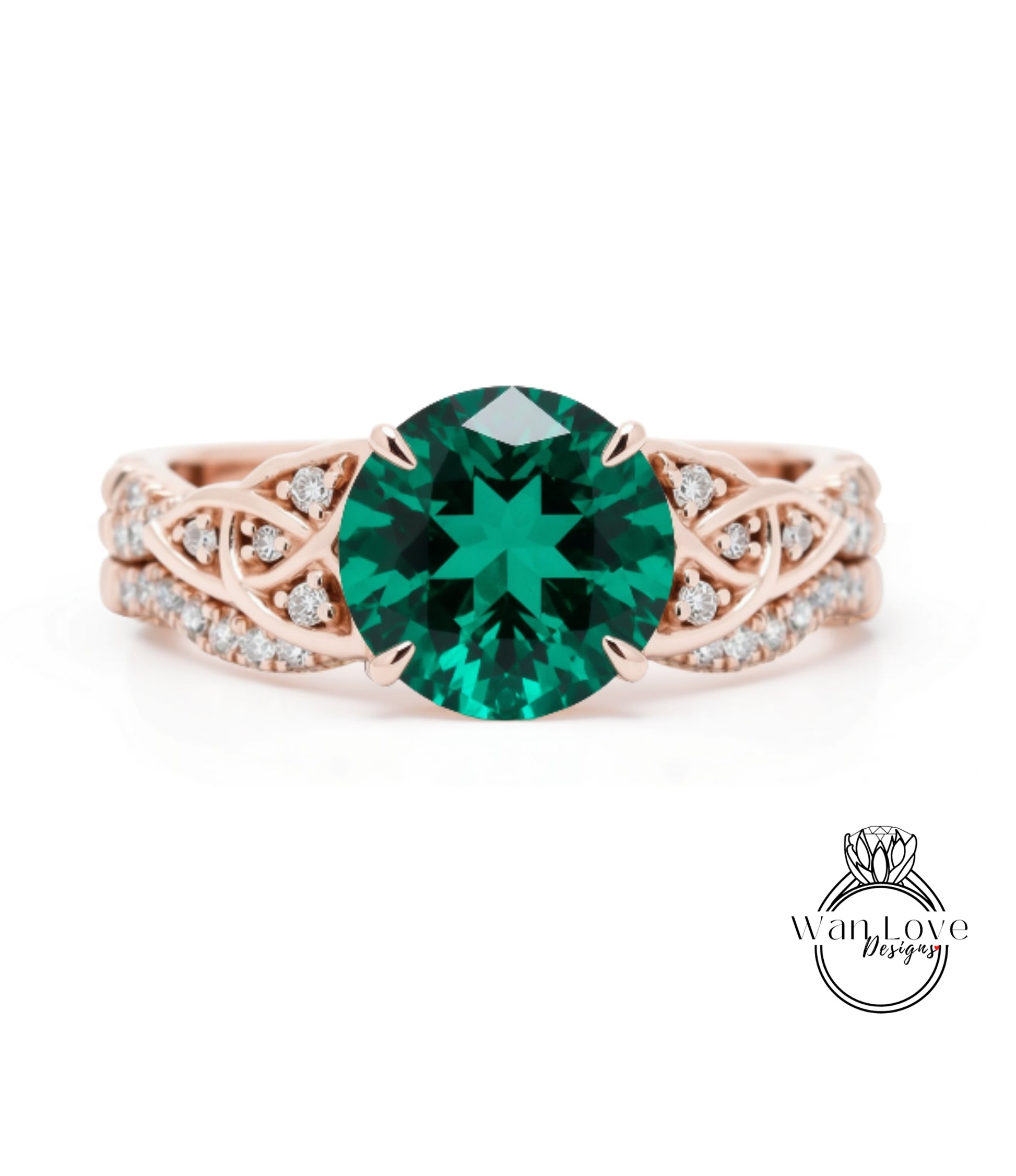 a beautiful engagement ring with a large, round green gemstone set in a rose gold band adorned with small diamonds.