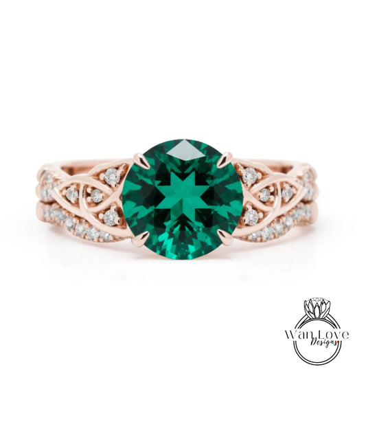 a beautiful engagement ring with a large, round green gemstone set in a rose gold band adorned with small diamonds.