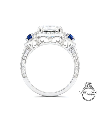 A close-up view of a silver ring with a large central gemstone, surrounded by smaller gemstones and intricate metalwork.