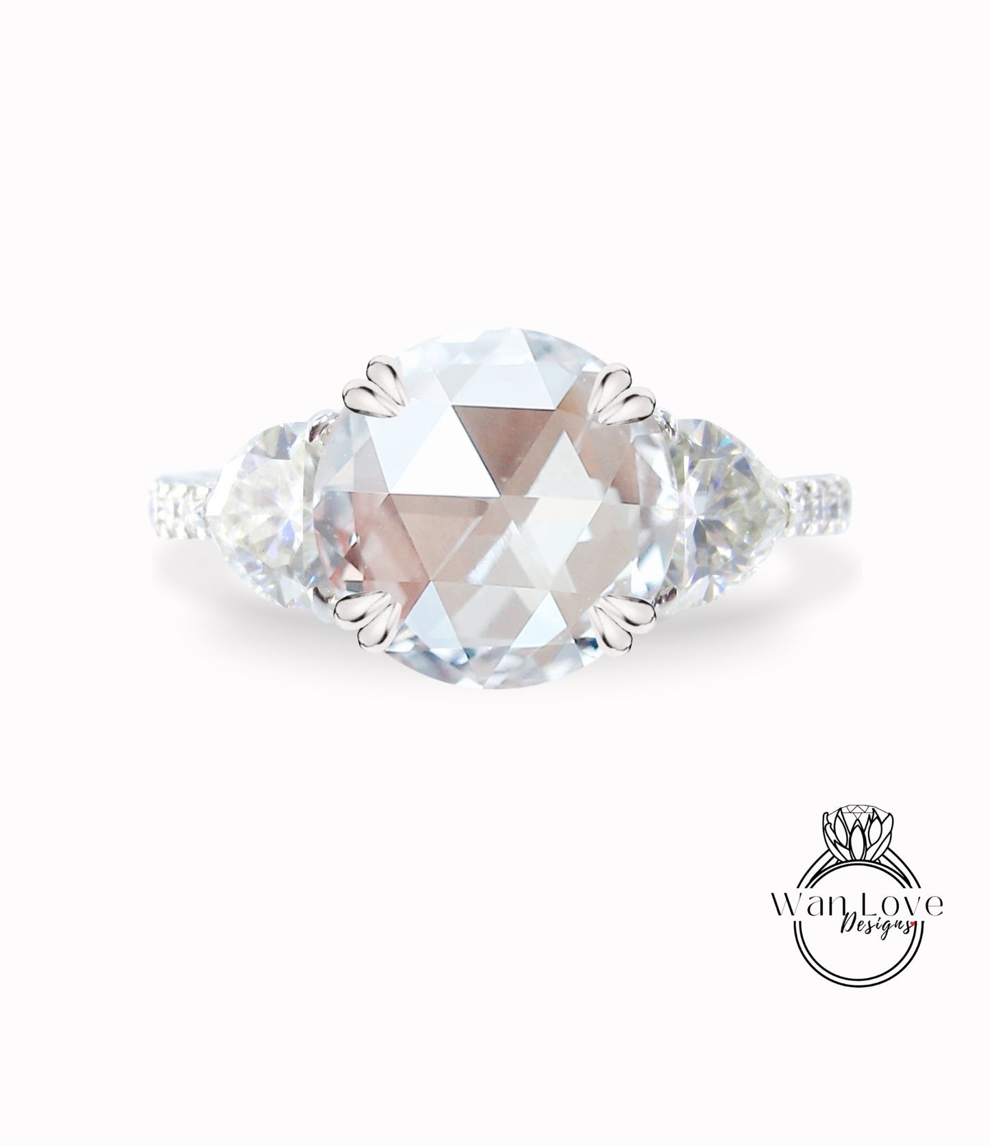 Moissanite & Diamond 3 stone Rose cut Trillion Engagement Ring, 14k 18k White Yellow Rose Gold-Platinum-Custom-Aniversary gift
