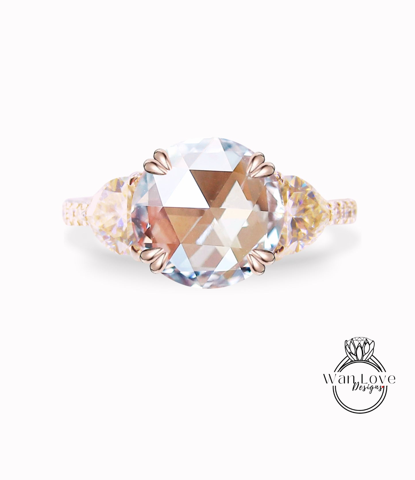 Moissanite & Diamond 3 stone Rose cut Trillion Engagement Ring, 14k 18k White Yellow Rose Gold-Platinum-Custom-Aniversary gift
