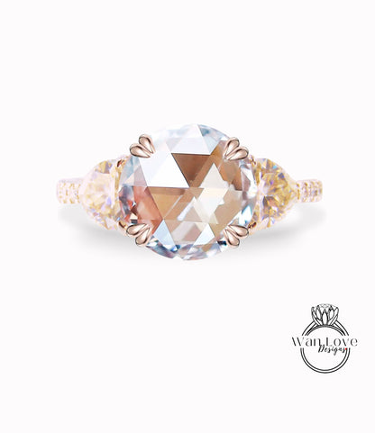 Moissanite & Diamond 3 stone Rose cut Trillion Engagement Ring, 14k 18k White Yellow Rose Gold-Platinum-Custom-Aniversary gift