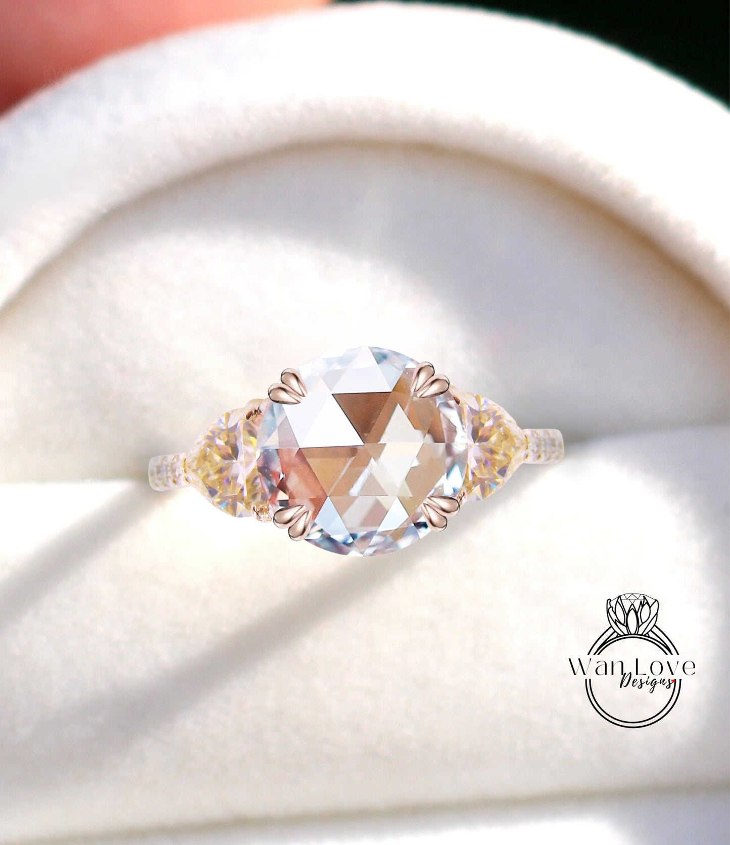 Moissanite & Diamond 3 stone Rose cut Trillion Engagement Ring, 14k 18k White Yellow Rose Gold-Platinum-Custom-Aniversary gift