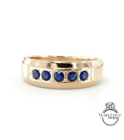 Mens Blue Sapphire Wedding Ring | White Gold Mens Wedding Band | Round Cut Diamond Band | 14k/18k Gold/Platinum Ring | His Birthstone Band