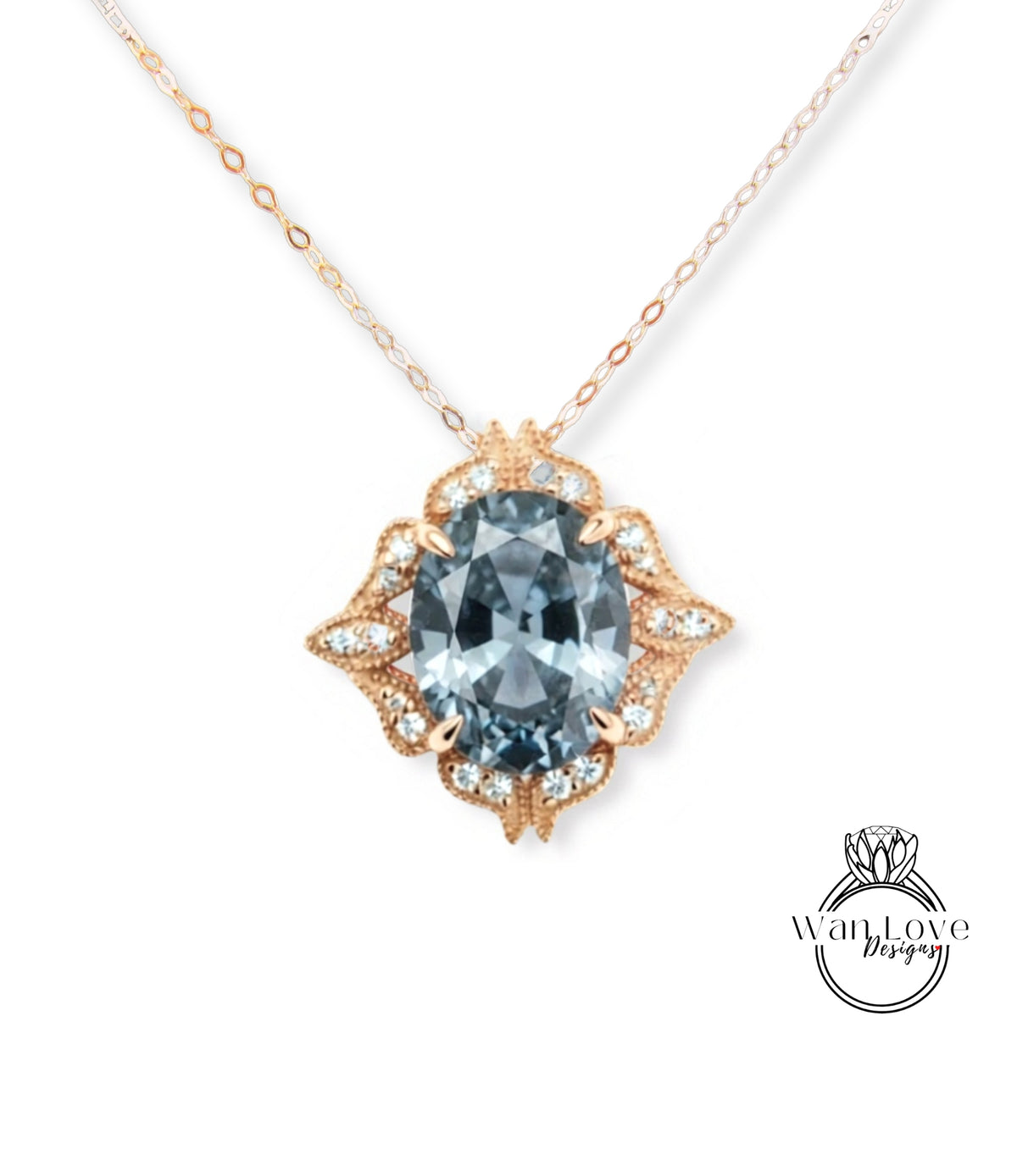 A necklace with a large blue gemstone as the centerpiece, surrounded by an ornate gold design.