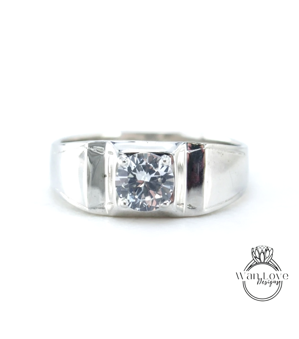 1ct White Sapphire Ring Wedding Band, Mens Wedding Ring, Mans Wedding Band, Solitaire Ring, Round Mens Wedding Ring, 6mm-Ready to Ship