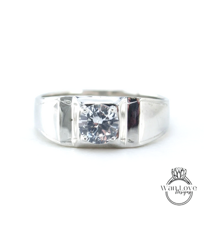 1ct White Sapphire Ring Wedding Band, Mens Wedding Ring, Mans Wedding Band, Solitaire Ring, Round Mens Wedding Ring, 6mm-Ready to Ship