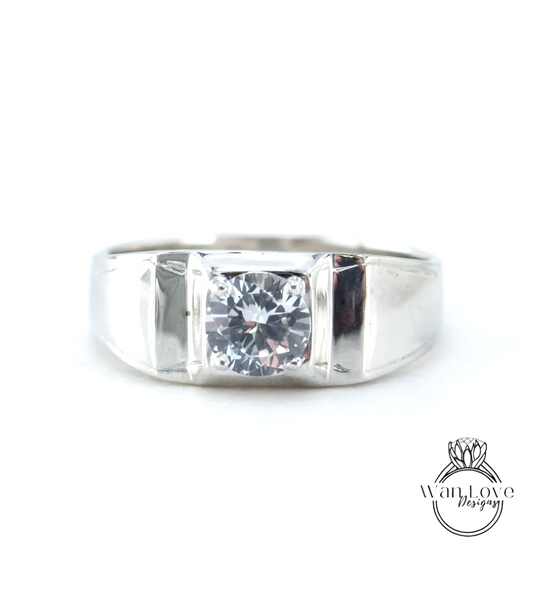 1ct White Sapphire Ring Wedding Band, Mens Wedding Ring, Mans Wedding Band, Solitaire Ring, Round Mens Wedding Ring, 6mm-Ready to Ship